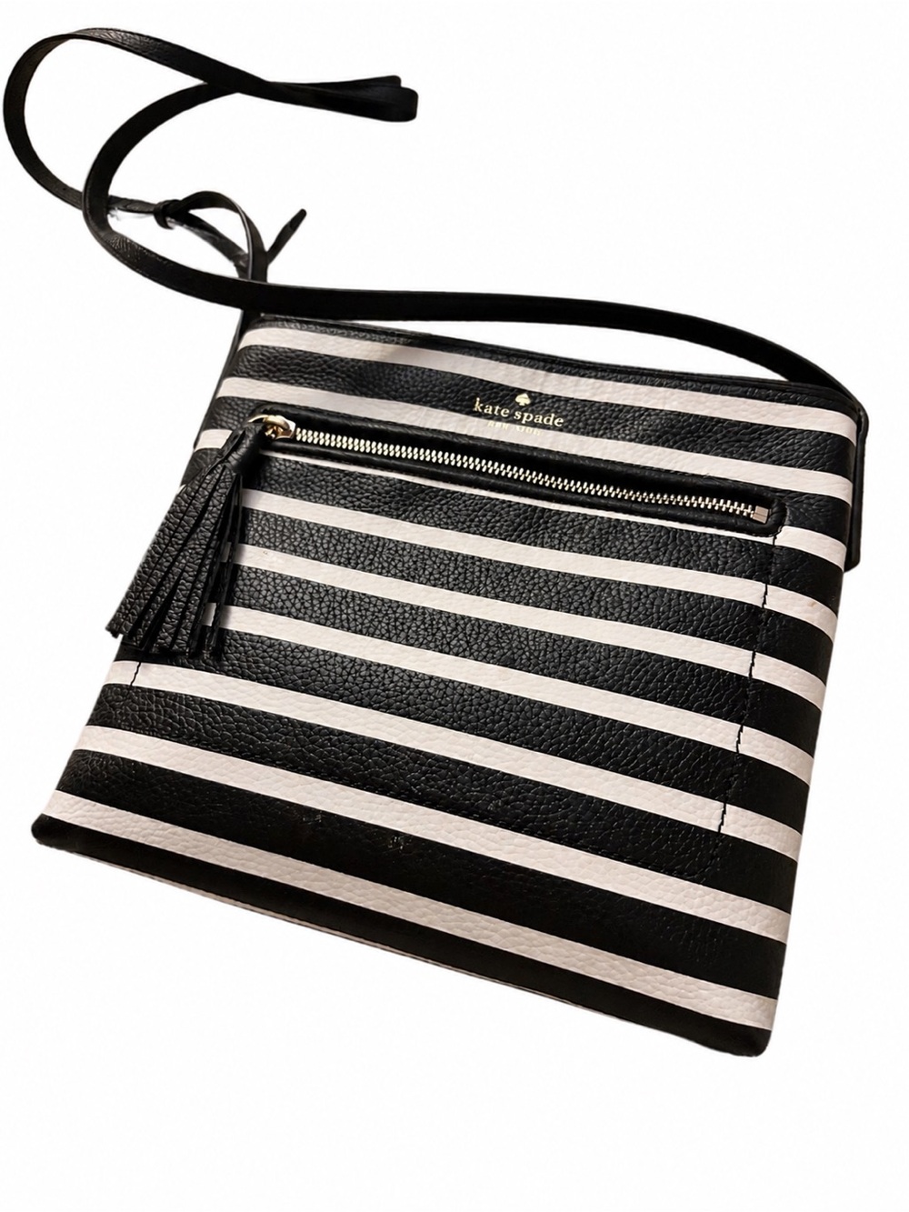 kate spade Black and White Striped Leather Crossbody with Tassel